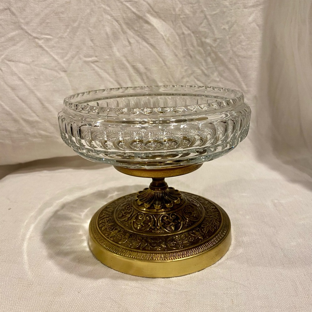 Vintage Crystal Glass and Brass Pedestal Bowl
